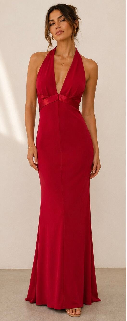 BCBGMAXAZRIA Red Halter Maxi Gown Open Back Stretch Dress Small